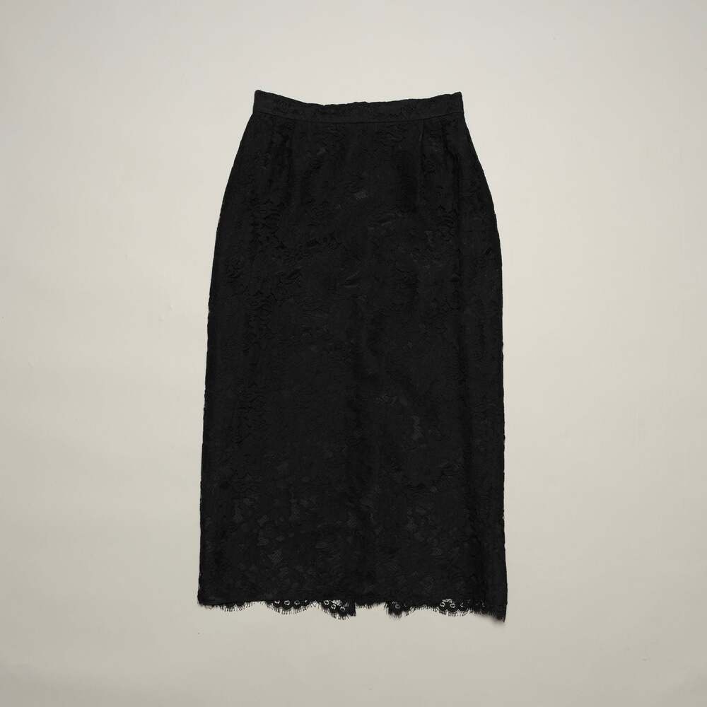 Vintage Black Floral Lace Midi Pencil Skirt with Scalloped Hem Size 9/10